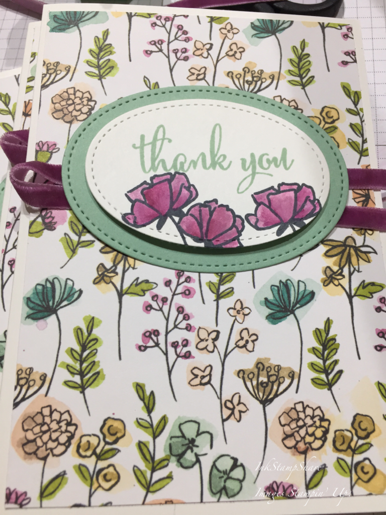 Thank you card.Share what you love DSP. Watercolouring Love What You Do stamped flowers with blender pens
