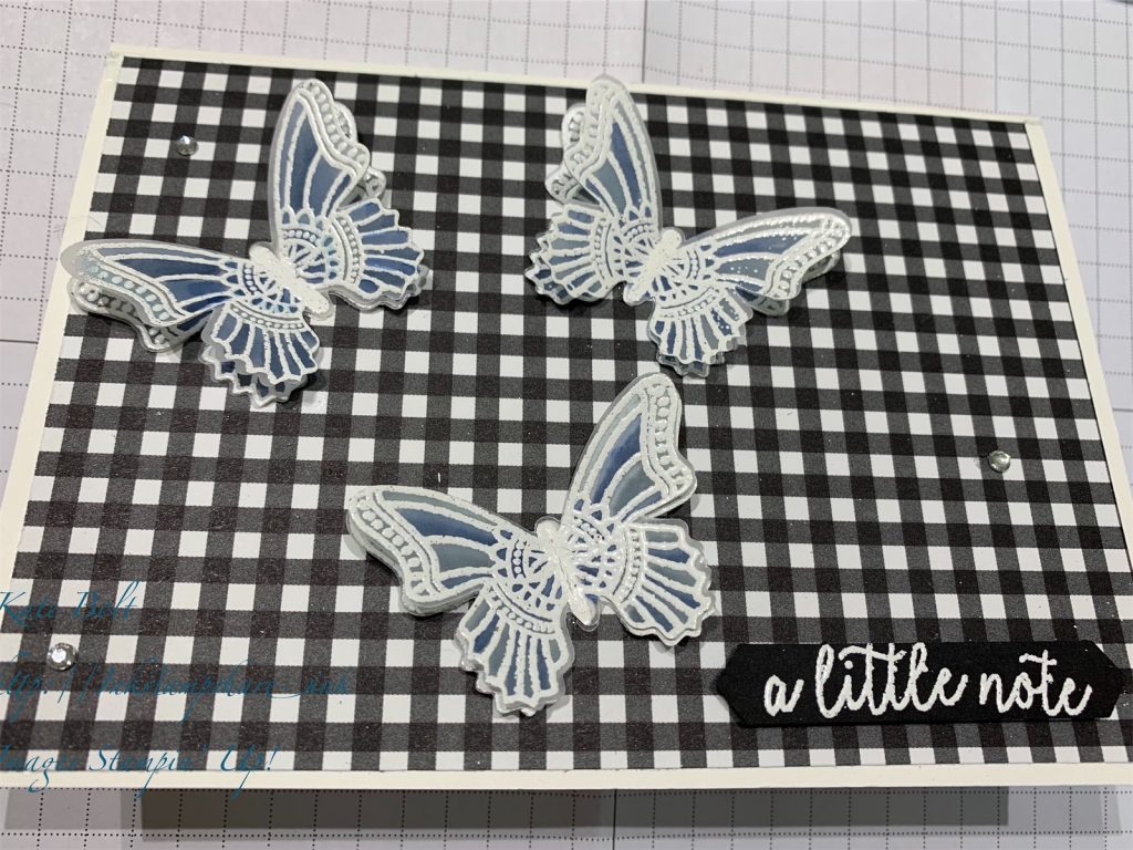 Butterfly card - A Little Note. White embossed butterflies on vellum