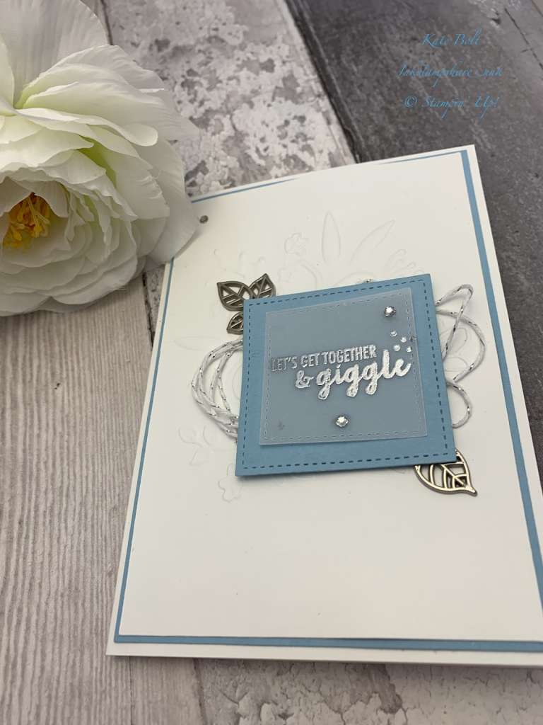 Card made using Let's get together and giggle from the Part Of My Story Saleabration Stamp set. Embossed in silver.