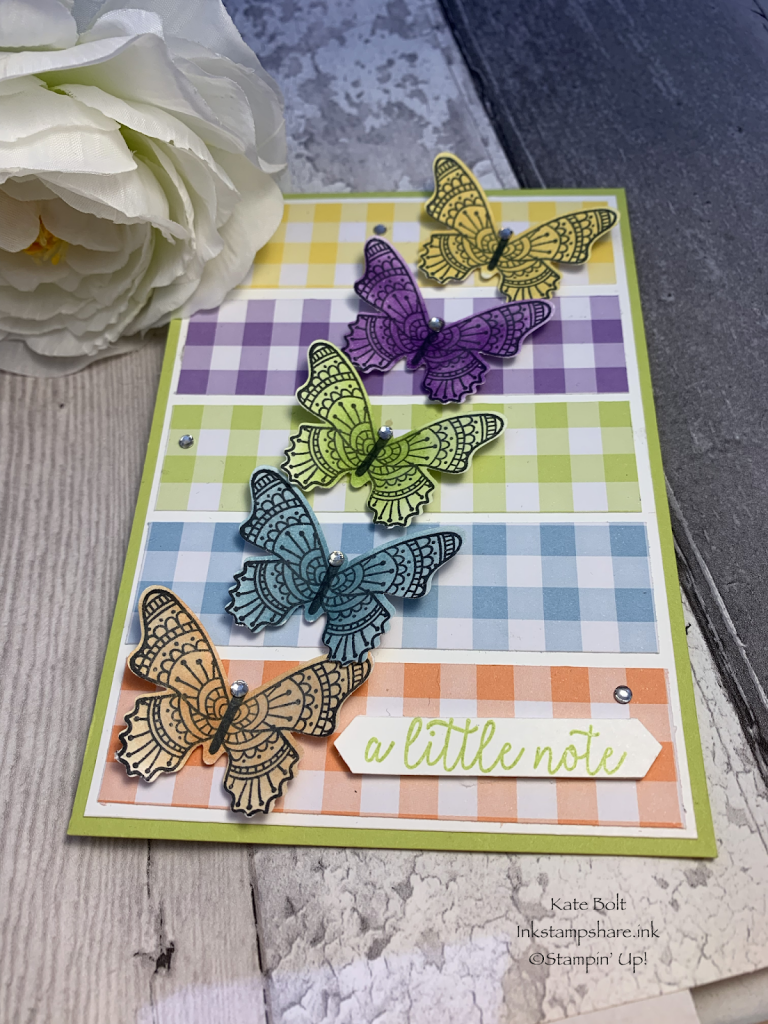 Rainbow butterfly card using Gingham Gala papers from Stampin Up