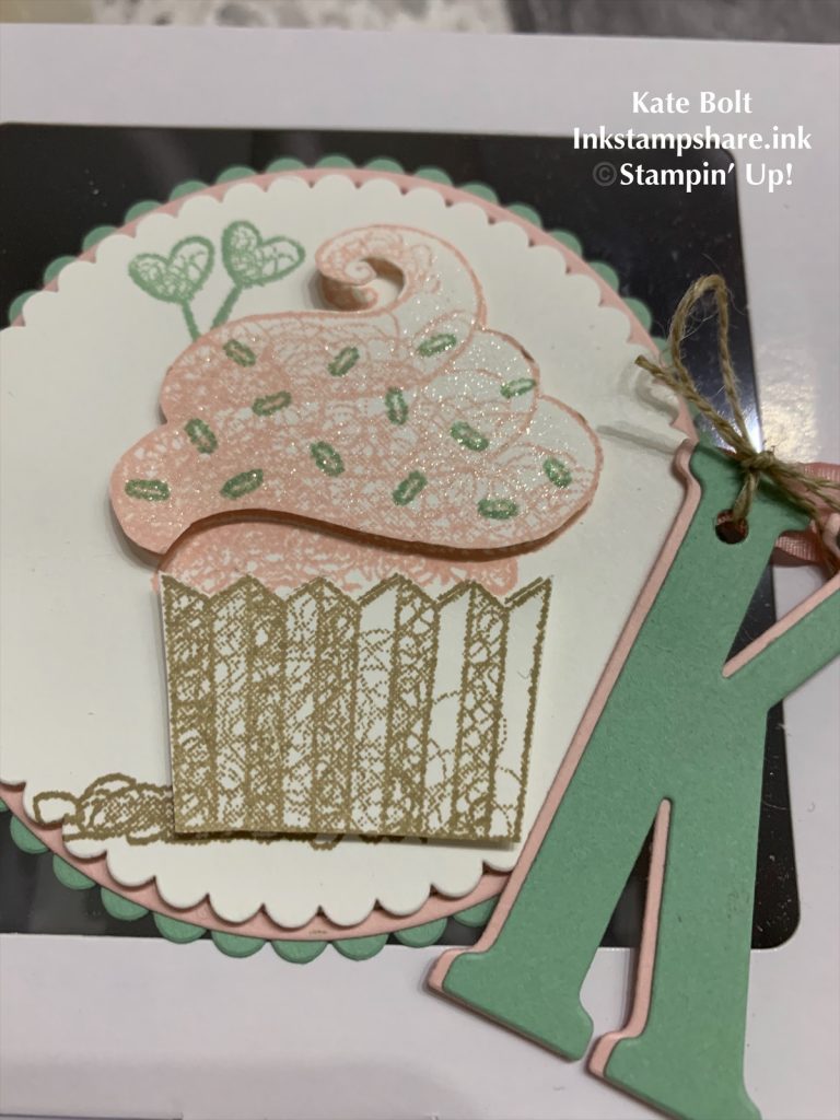 Cupcake party box decorated with a large cupcake stamp from Hello Cupcake and a Monogram for a party cake box