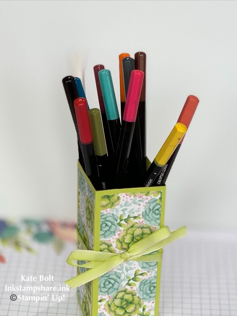 Hand made pen pot with Painted Seasons papers. Kate Bolt. Inkstampshare