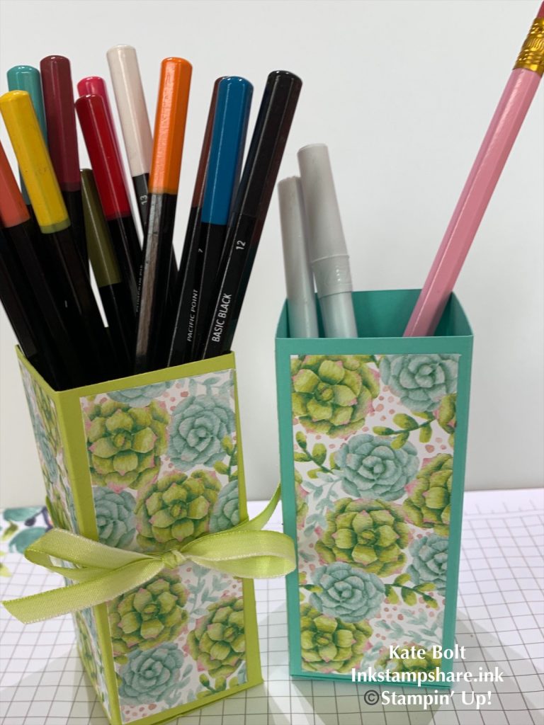 Hand made pen pot with Painted Seasons papers. Kate Bolt. Inkstampshare