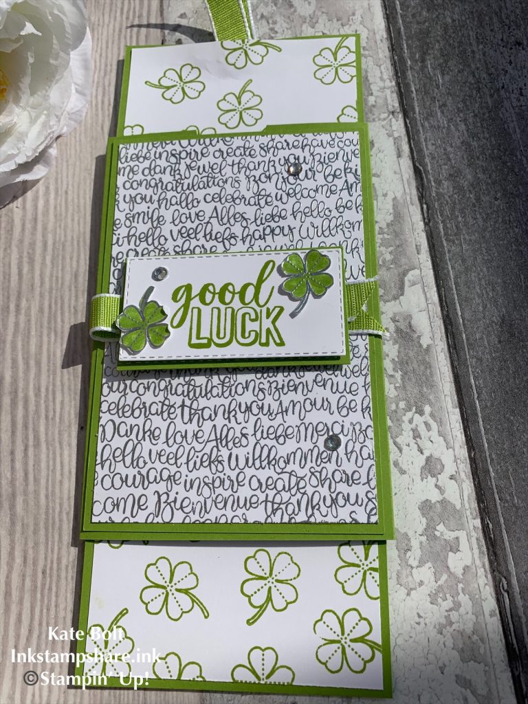Good luck card in Granny Apple Green and Whisper White with Silver embossing using the Amazing Life and Handwritten stamps. Hand made double slider card for Kylie's International Blog Highlights.