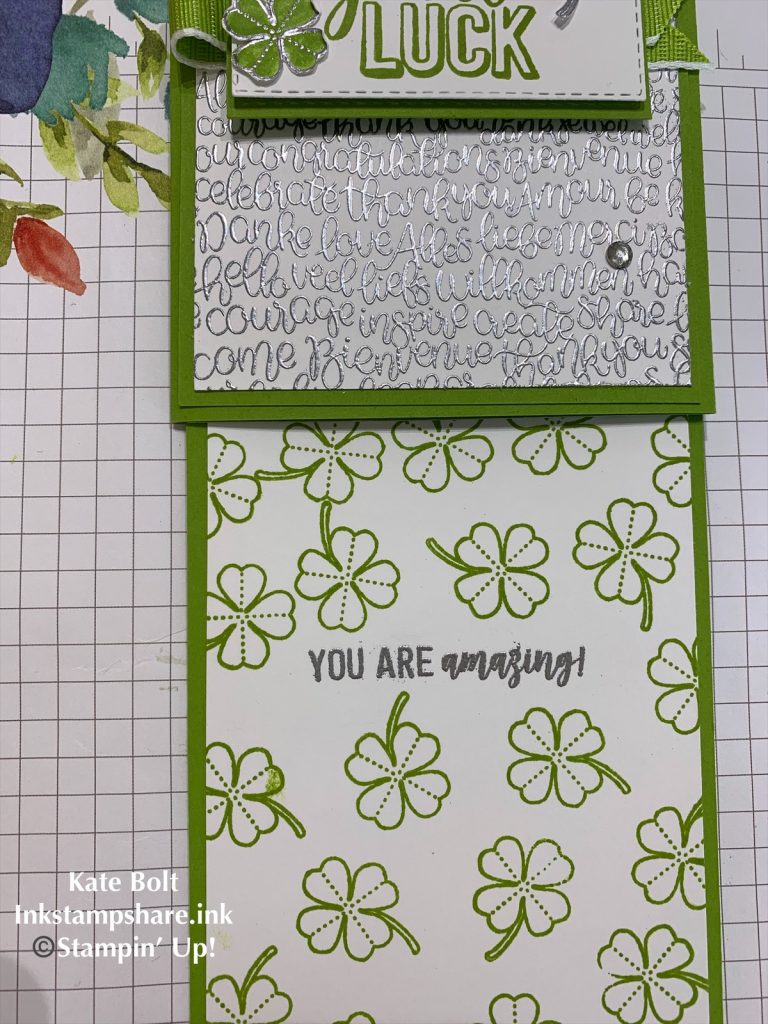 Good luck card in Granny Apple Green and Whisper White with Silver embossing using the Amazing Life and Handwritten stamps. Hand made double slider card for Kylie's International Blog Highlights.