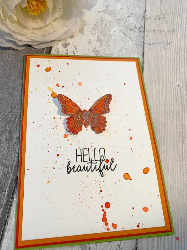 Butterfly card, with copper heat embossing and watercolouring in Poppy Parade, Pumpkin Pie and Granny Apple Green for the Inspire Create Challenge. Butterfly Gala Stampin Up
