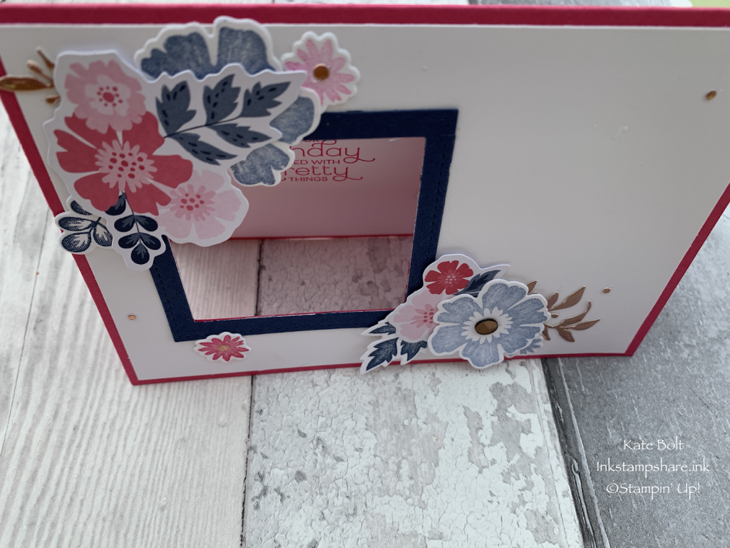 Birthday card with a window and flowers using the Everything Is Rosy medley. Stampin' Up
