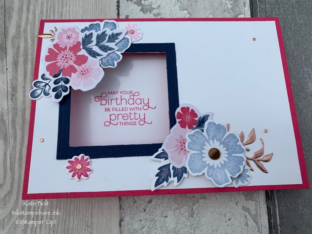 Birthday card with a window and flowers using the Everything Is Rosy medley. Stampin' Up