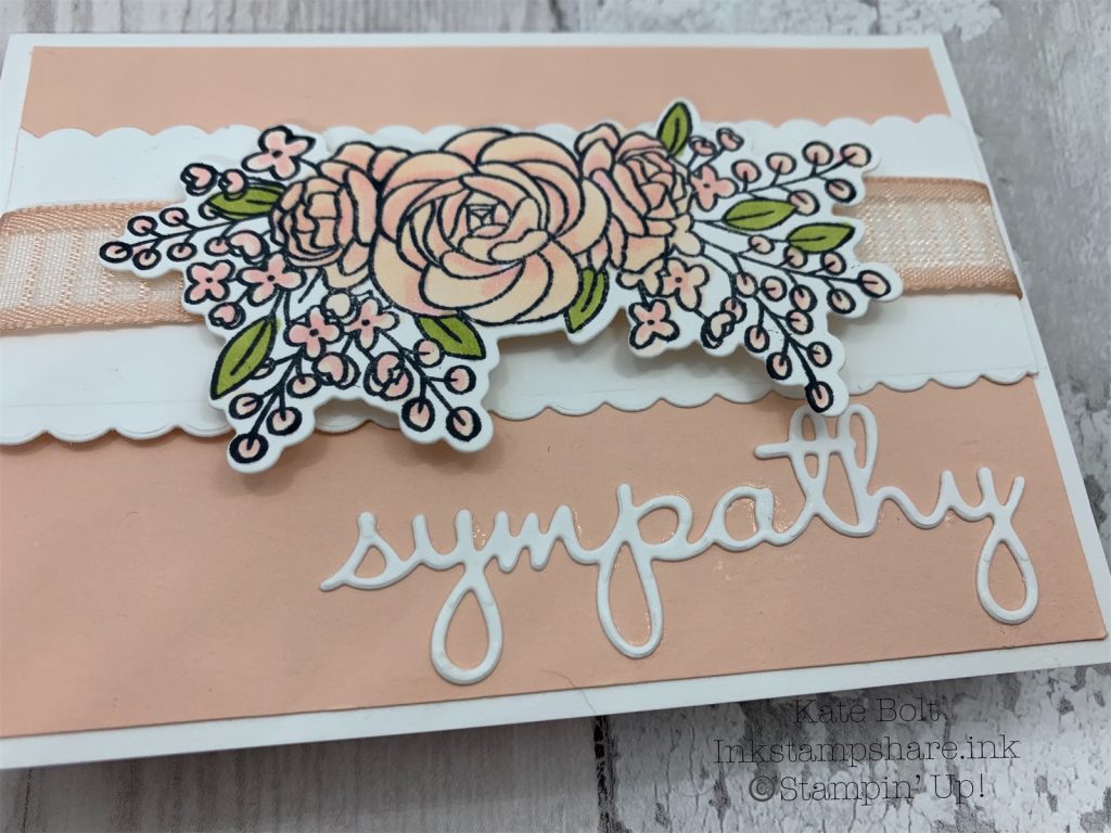 Sympathy card in Petal Pink and Whisper White .For the Inspire Create Stamping Challenge.For the Inspire Create Stamping Challenge.made using the Bloom and Grow stamp set and dies from Stampin' Up! With Petal Pink ribbon. Hand made card using all supplies from Stampin Up, available in my online shop at http://inkstampshare.ink.