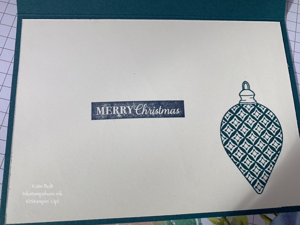Handmade Christmas card, made using the Brightly Gleaming Paper from Stampin' Up. This shows the hand stamped inside of the card
