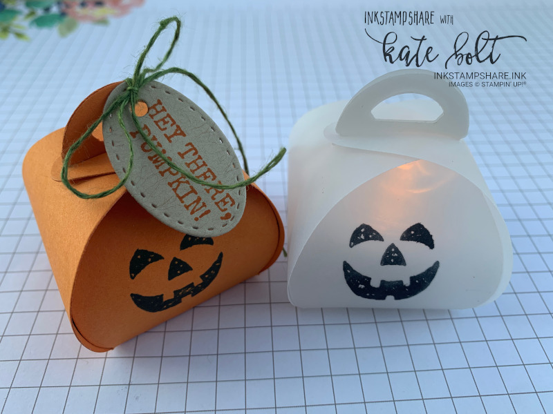 Mini Curvy keepsake Dies - Halloween Mini Curvy Keepsakes treat boxes or table favours. One cut out using Pumpkin Pie card and  stamped with the pumpkin face from the Harvest Hello stamo set. The other is cut out out from Vellum and  stamped with the pumpkin face from the Harvest Hello stamp set. It has an LED tea light inside creating a little Halloween Jack o Lantern.