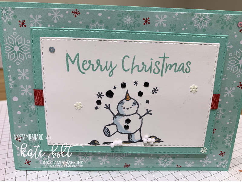 Fancy Fold Christmas Card. Z fold card with fun juggling snowman on the front. The inside folds out to show two more sparkly snowmen dressed up in hats and scarves using the Let It Snow Embellishment Kit. The inside has the Snowman Season Designer Series Paper.