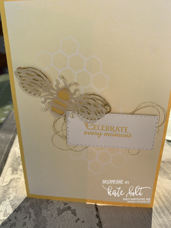 Celebration card using the Honey Bee bundle. Using reinker and  shimmer paint to create a shimmery negative honeycomb .All products from Stampin Up.