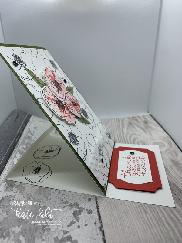Thank you card using the Painted Poppies stamp set and  dies. Easel card black, white and  red with Thank You From The Bottom Of My Heart stamped. Poppies are stamped in black with poppies stamped in black and  red as an accent.