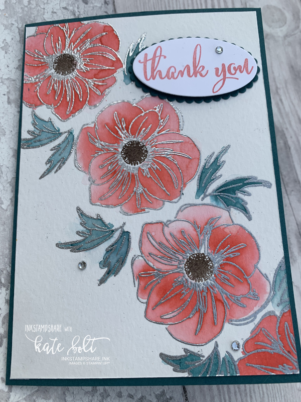 Thank you card with water colour flowers and  silver heat embossing using Flirty Flamingo, Pretty Peacock and  Early Espresso for the Inspire Create Challenge #061