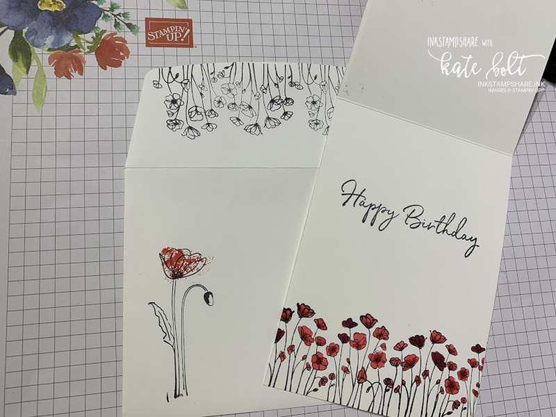 Inside the Peaceful Poppies card with a little stamping from the Painted Poppies stamp set . Stamp ayour envelopes too.