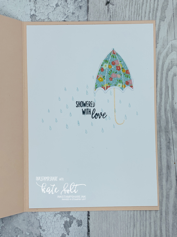 Card inside with raindrops, floral umbrella and  showered with love. Under My Umbrella stamp set.