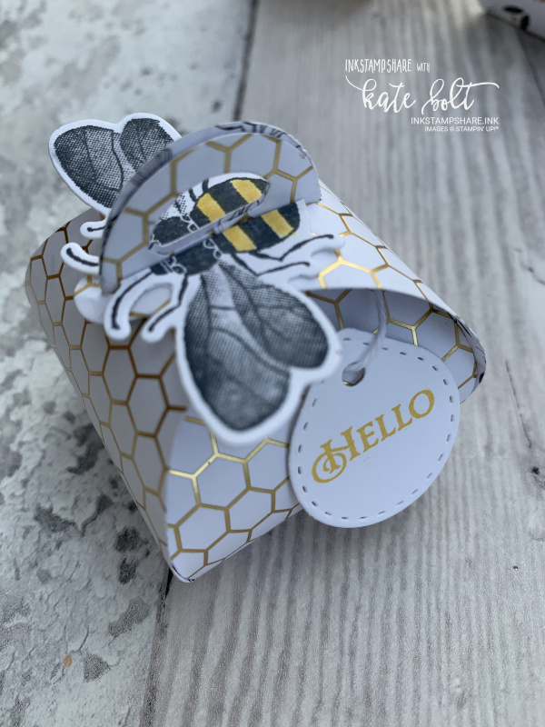 Honey Bee Gift Box using the Golden Honey Designer Series PapersThe box is White with a gold honeycomb pattern with a honey bee sitting on top