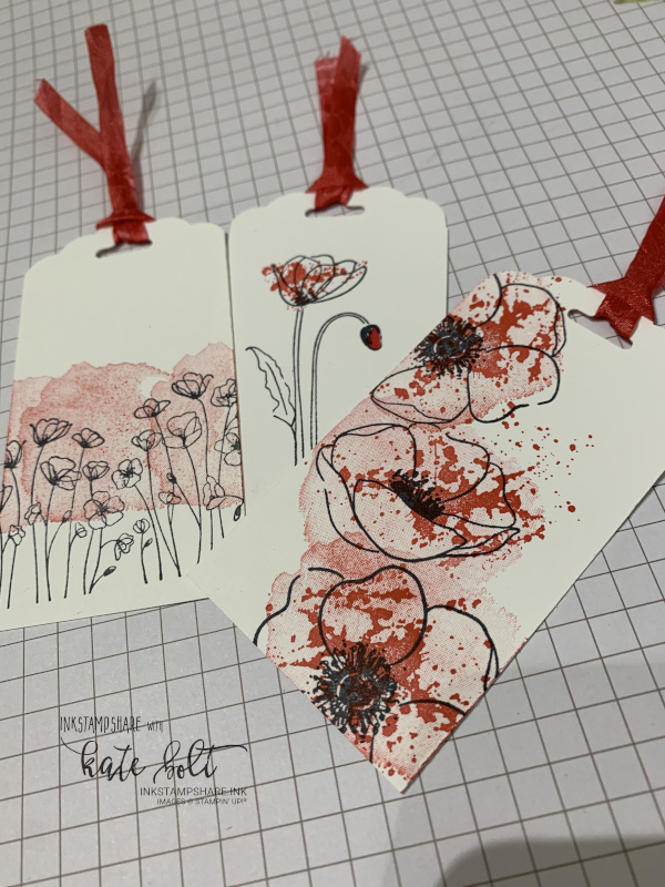 Gift tags using the Painted Poppies stamps and  the Scalloped Tag Topper Punch. You can create ribbon to match any colour you choose using the white crinkled seam biding ribbon and  Stampin Blends Markers.