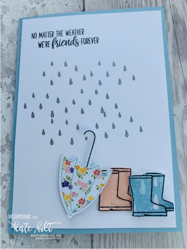 Under My Umbrella - Friends Forever card with silver embossed rain drops, an umbrella punched from the Pleased As Punch papers and wet welly boots.