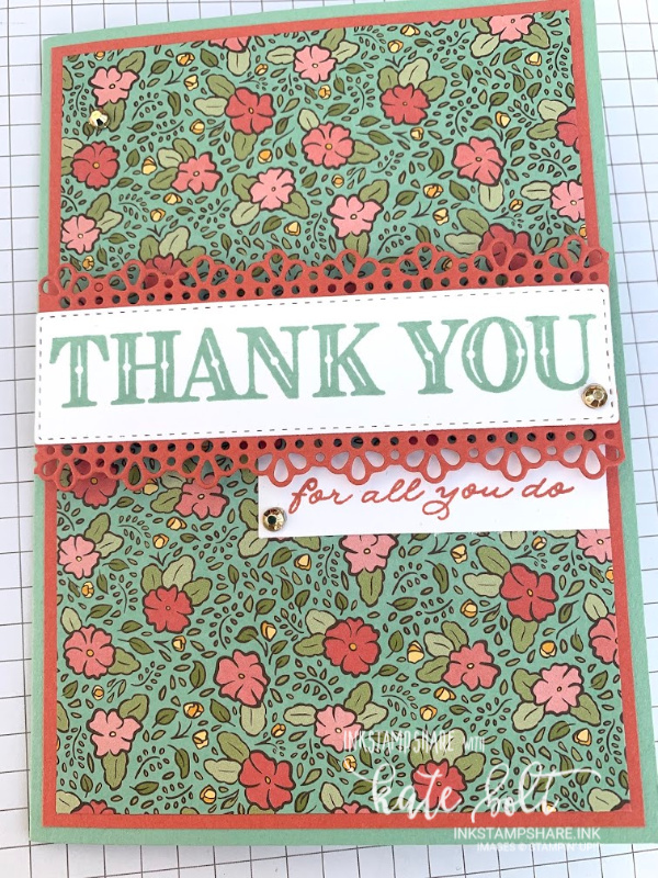 Thank you card for Stay at home, join me for coffee & cards. Made using the Ornate Garden Suite by Stampin' Up. Terracotta Tile and  Mint Macaron colours with a bold thank you sentiment. Beautiful edging using the Ornate Borders Dies. 