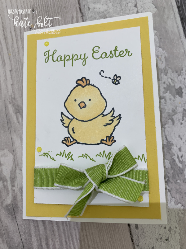 Easter chick card using the Welcome Easter stamp set from Stampin' Up! in Daffodil Delight and  Granny Apple Green. Catch the Facebook Live replay of Coffee and Cards.