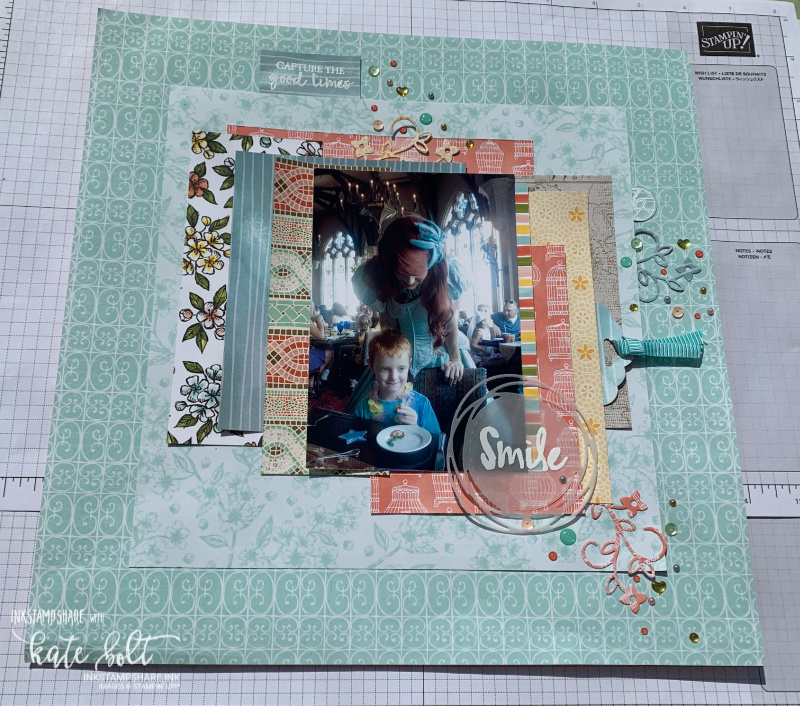Scrapbook page of breakfast at Cinderellas Castle. fairytale Dining. Using patterned papers and  products from Stampin Up