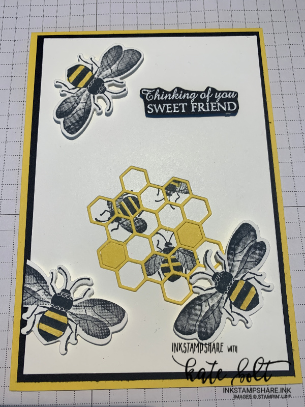 Honey Bee card with bees, honeycombe and  thining of you sweet friend embossed in white on black.