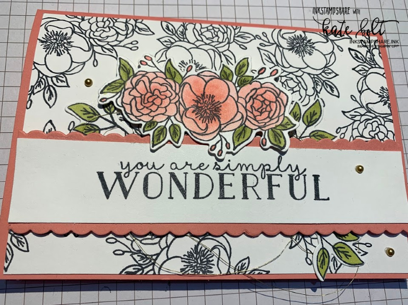 Thank you card with flower stamps using the Bloom & Grow stamps and  Dies from Stampin Up! Flowers stamped in black ink on a white background with die cut flowers in Flirty Flamingo in the foreground over the sentiment which says you are simply wonderful.