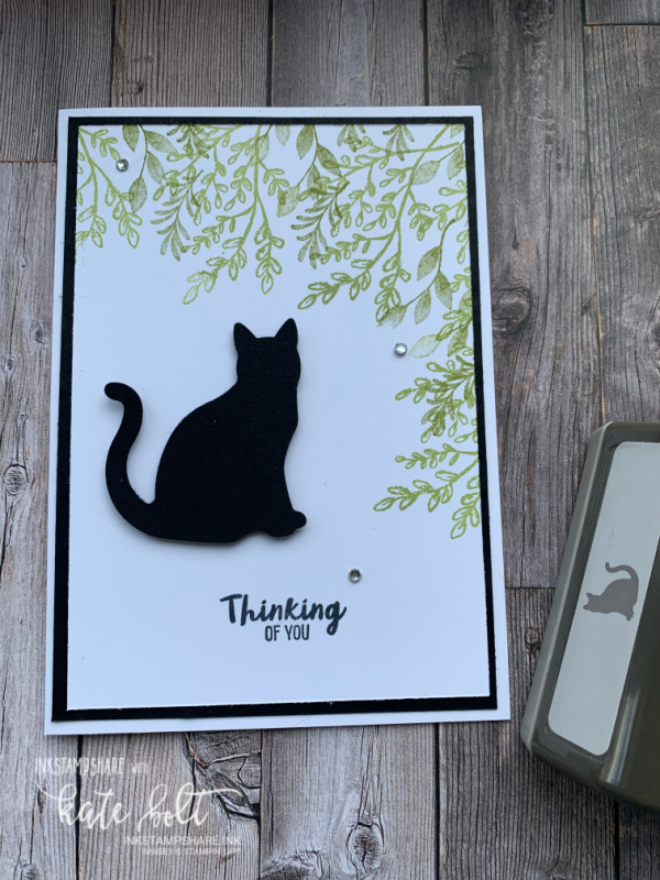 It's Raining Cats and Dogs! It's a Cat card. Thinking of you. Using the Cat punch for a black cat on a white background with green stamped leaves in Pear Pizazz. Thinking Of You in Black.