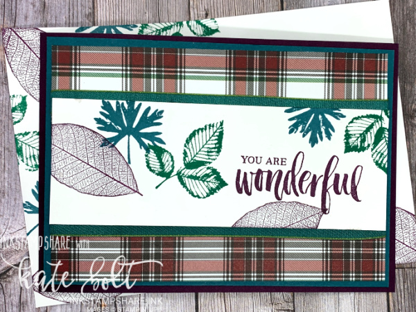 Cosy Up With Plaid Tidings!  Autumnal Thank you card and envelope using the Plaid Tidings paper and  the Rooted In Nature stamp set. Says You Are Wonderful and  the plaid paper gives a cosy feel to it.