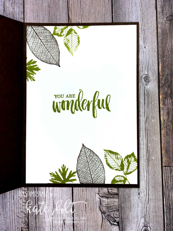 Hand made card using Stampin' Up products. Be strong, Be Happy, Be You card using the Nature's Roots Dies with leaves cut from Brushed Metallics in Bronze, Copper and  Gold on a wood grain background in Early Espresso and  . Support catd with You Are Wonderful stamped inside Old Olive
