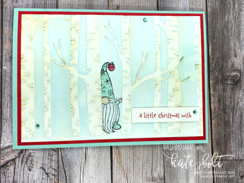 Gnome For The Holidays Christmas card using the Woodland Embossing Folder Technique. A little gnome half hidden hidden in the forest, peeking out with the sentiment, A Christmas Wish. You can see how it's made in this blog post/ YouTube tutorial from Inkstampshare