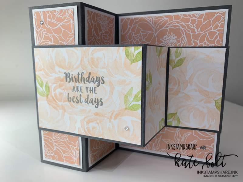 Double Z fold birthday card in Basic Gray and Blushing Bride, using the Peony Garden Papers and  the rose stamp from the Beautiful Garden stamp set in Blushing Bride