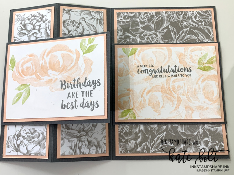 Z fold birthday card in Basic Gray and Blushing Bride, using the Peony Garden Papers and  the rose stamp from the Beautiful Garden stamp set in Blushing Bride