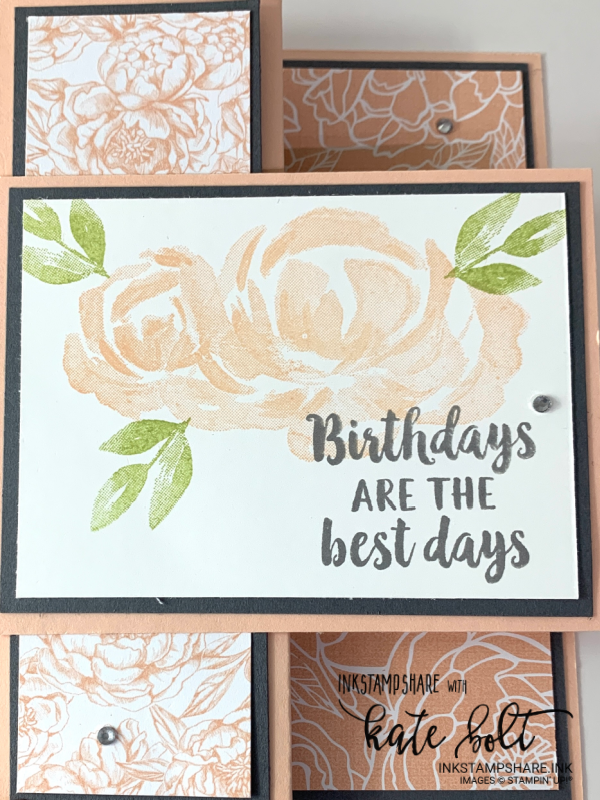 Z fold birthday card in Basic Gray and Blushing Bride, using the Peony Garden Papers and  the rose stamp from the Beautiful Garden stamp set in Blushing Bride