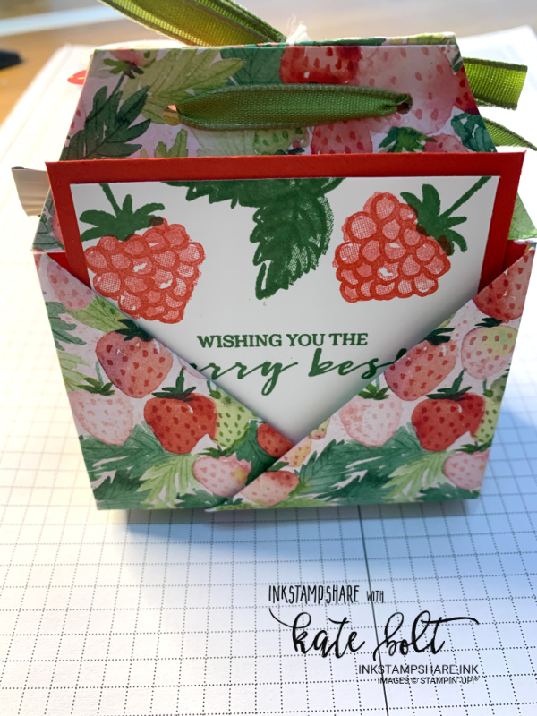 Tea and biscuits treat pouch using the Berry Blessings stamps and  Berry Delightful papers from Stampin Up!s Saleabration. Holds a tea bag, a message, two biscuits and  is perfect for tea with a friend!