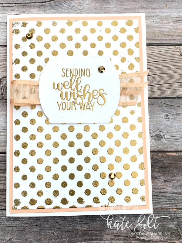 Using heat embossing with masking to create backgrounds for this get well card in gold. pink and  white, With YouTube tutorial.Using the Dandelion Wishes stamp set.