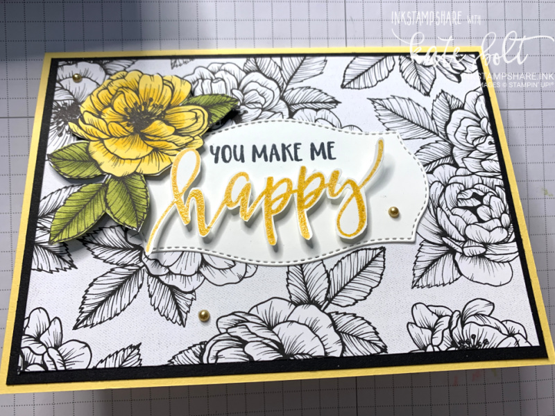 You Make Me Happy card using the True Love Designer Series Papers. Flower card in So Saffron, Black and White.