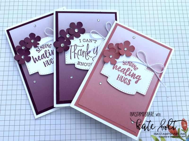 Get well and Thank you cards using the Oh So Ombre papers, small bloom punch and  So sentimental Bundle from Stampin Up In Blackberry Bliss and  Rococo Rose.
