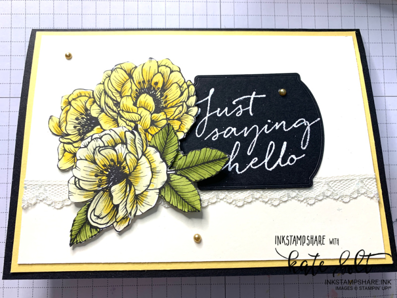 Just Saying Hello card using the True Love Designer Series Papers. Flower card in So Saffron, Black and Vanilla.