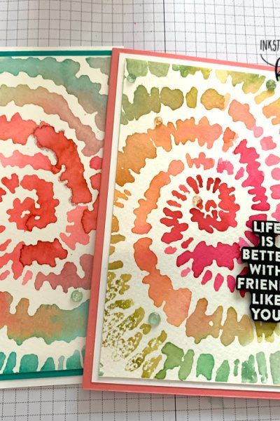 Tie Dye card using Stampin Up! Spiral Dye stamp. With YouTube tutorial.