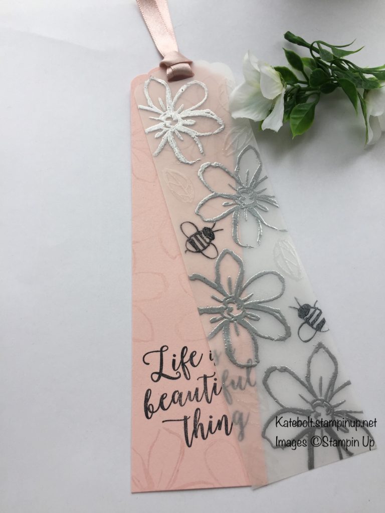 Book mark in Powder Pink made with heat embossing on vellum