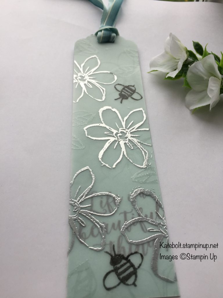Book mark in Pool Party, made using heat embossing on vellum.