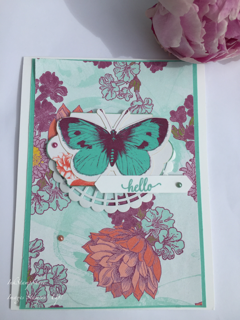 Card using Tea Time DSP and Butterfly from Tea Room Memories and More Pack. Stampin Up