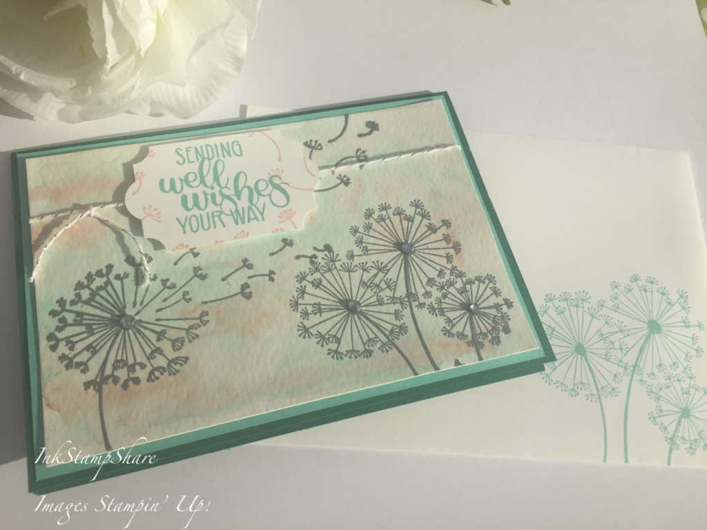 Dandelion Wishes card and matching stamped envelope, inkstampshare, Silver Embossing, Water colour