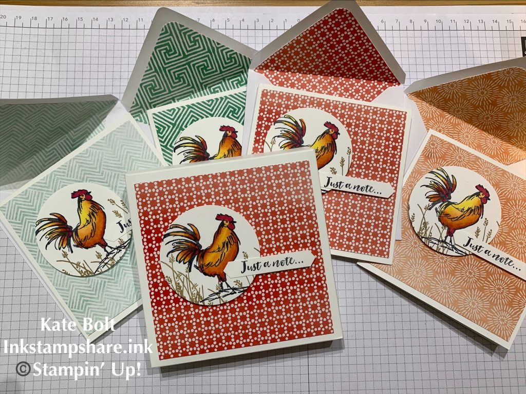 Painted Seasons papers and Home To Roost stamp set, hand made notecards and gift box