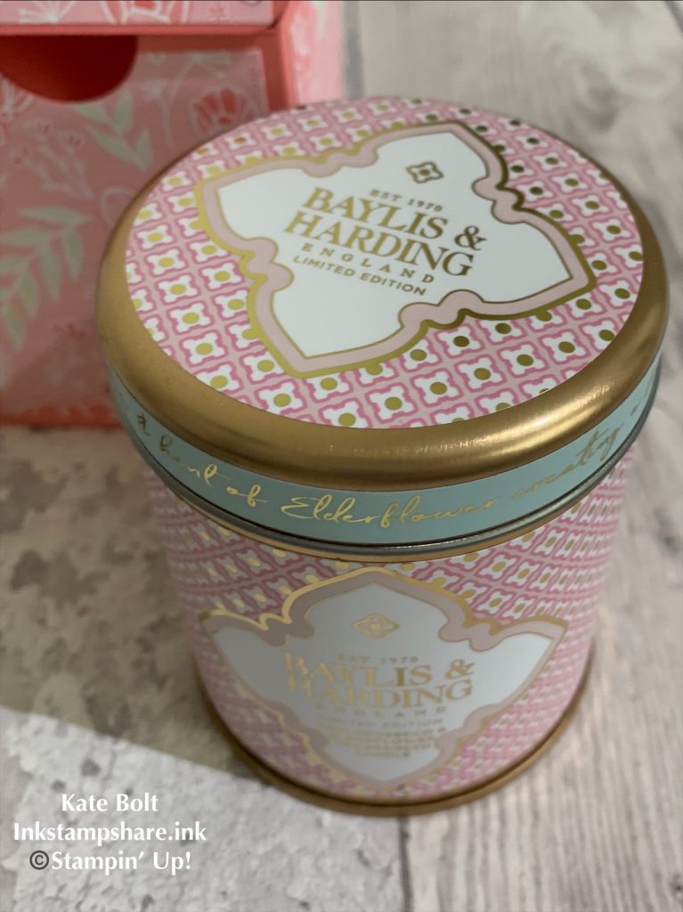 Pink and Gold candle tin containing Elderfloer prosecco candle, with a hand made gift box