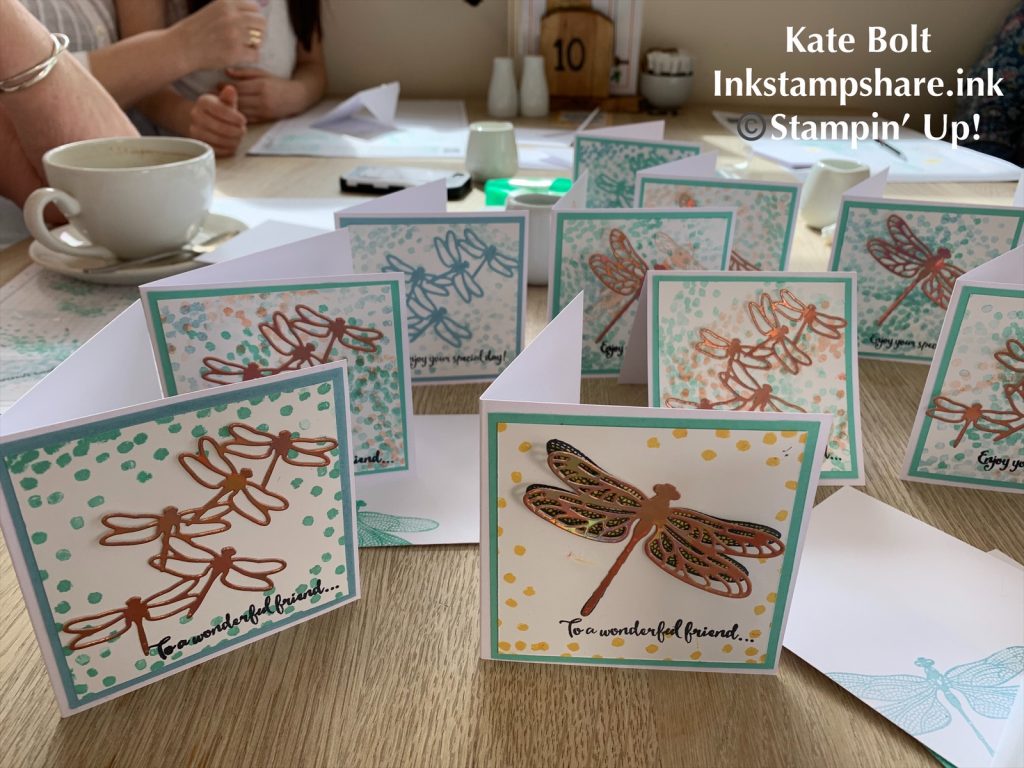 Hand made card with dragonflies in foiled card, cut out with Detailed Dragonfly dies at Coffee And Cards.