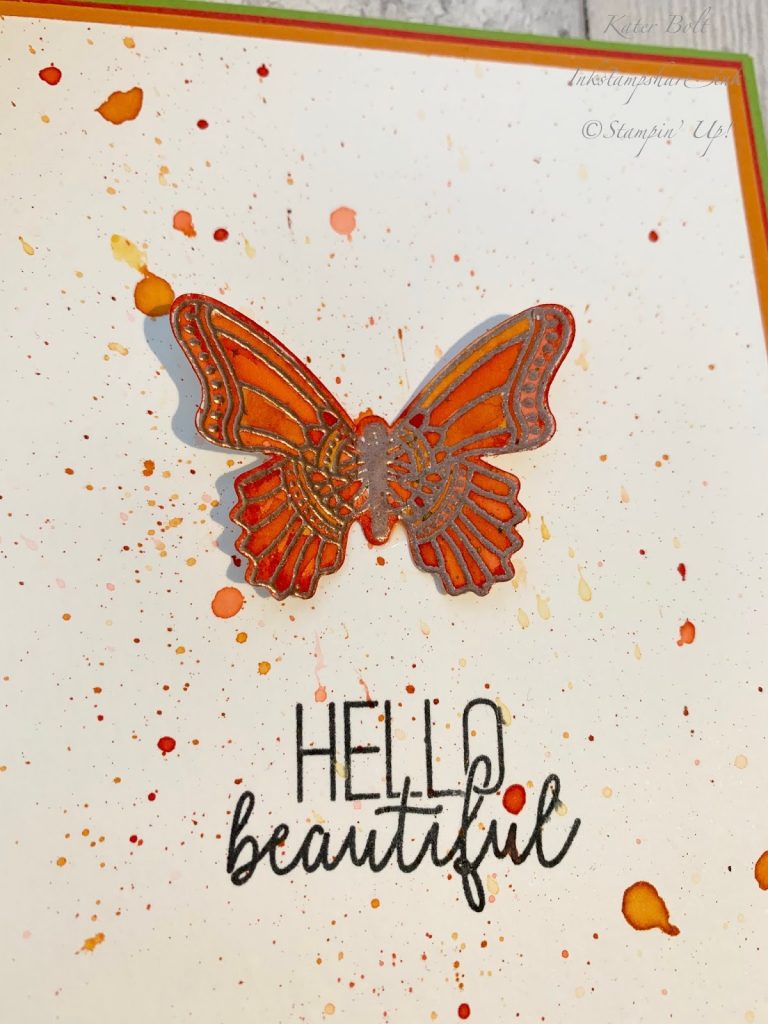 Butterfly card, with copper heat embossing and watercolouring in Poppy Parade, Pumpkin Pie and Granny Apple Green for the Inspire Create Challenge. Butterfly Gala Stampin Up